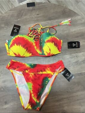 Guess Tie-Dye Lace-Up Bikini - Yellow Red Green